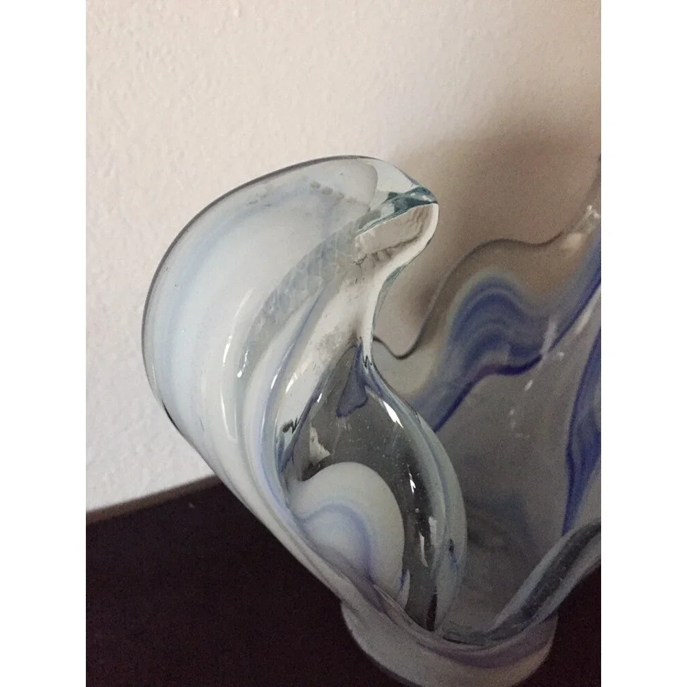 Vtg Handmade Blown Glass Blue/Milky White Swirl Candy Trinket Dish Decorative